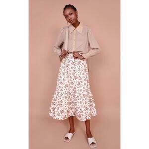 meadows 0 white floral pink button midi skirt